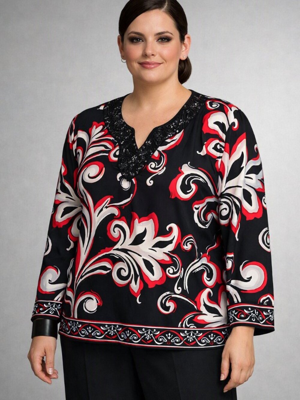 Alfred Dunner Red Black White Bold  Print Sequin Neckline Dressy Top Blouse XLP